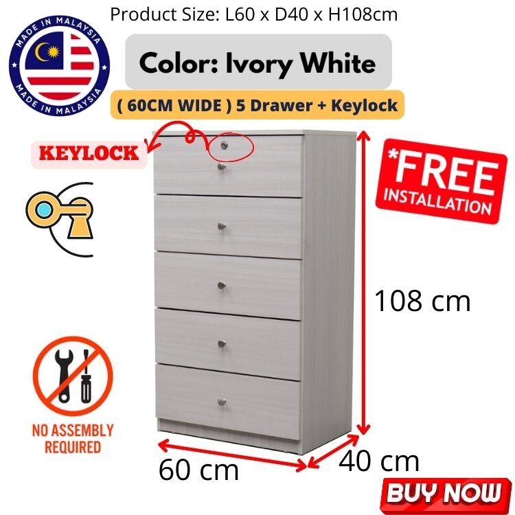 (Fully Assembled)Chest Drawer 5 Layer with Lock Laci Almari Baju Wardrobe 5 Tier Storage Cabinet Rak Baju Ivory White