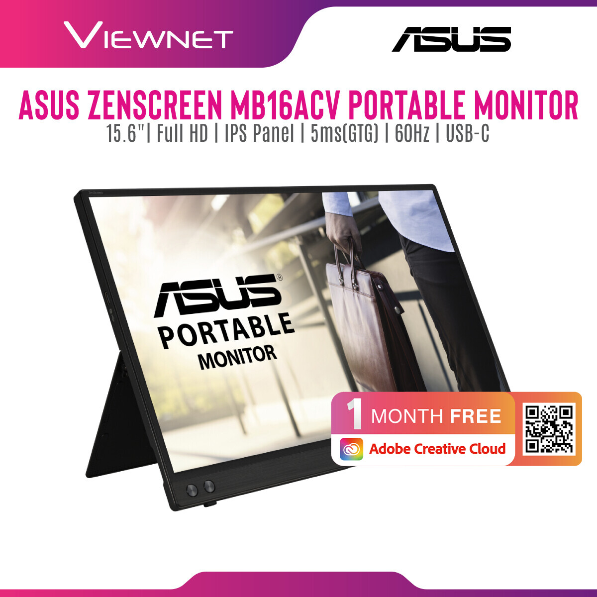 ASUS ZenScreen MB16ACV Portable USB Monitor- 15.6 inch Full HD, IPS, Hybrid Signal Solution, USB Type-C, Flicker Free, Blue Light Filter, Anti-glare surface, Antibacterial treatment