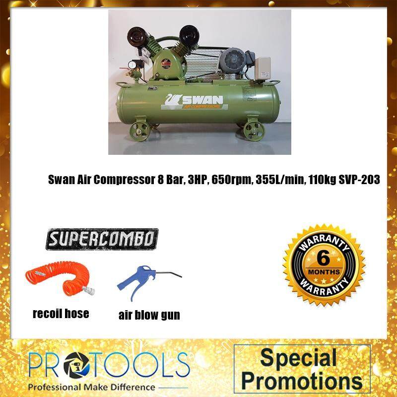 Swan Air Compressor 8 Bar, 3HP, 650rpm, 355L/min, 110kg SVP203 COMBO SET