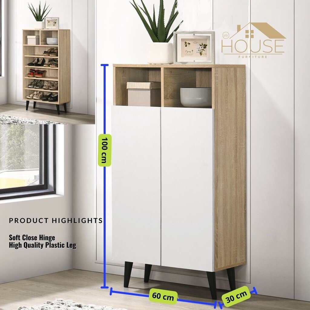 MYHOUSE Furniture 2 Door Shoe Cabinet with Open Storage Kayu Rak Kasut Kabinet Almari Kasut murah White Oak Color Outdoor Furniture Storage Cabinet 6 Tier with plastic leg & Soft close hinge W