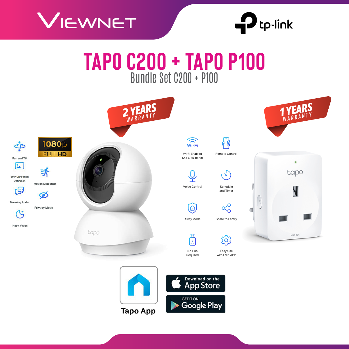 TP-Link Bundle Set Tapo C200 Wi-Fi IP Camera 1080P Full HD + Tapo P100 Mini Smart Home WiFi Wireless Power Socket Plug