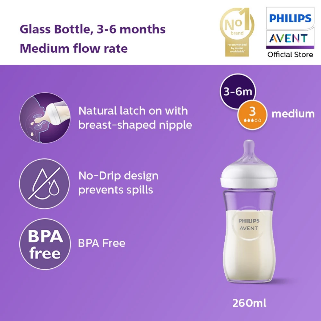 [New] Philips Avent Natural Response Glass Baby Bottle 3-6m (8oz/240ml) SCY933/01