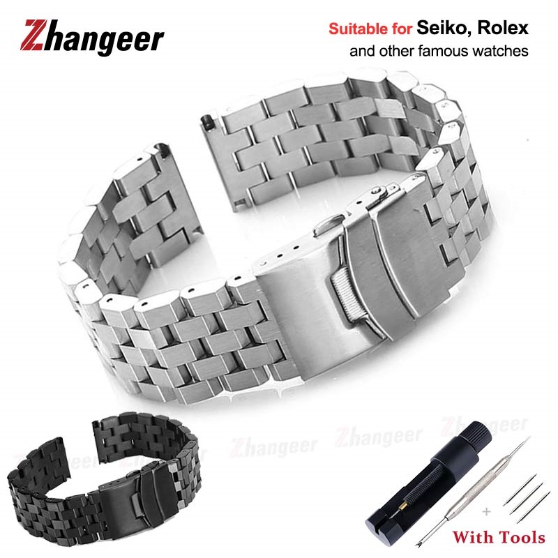 《Bar watchband》 18 20 22 24mm Solid Full Stainless Steel Watchband For Seiko/Rolex Watch Men Business Watch Accessories Double Lock Buckle Strap