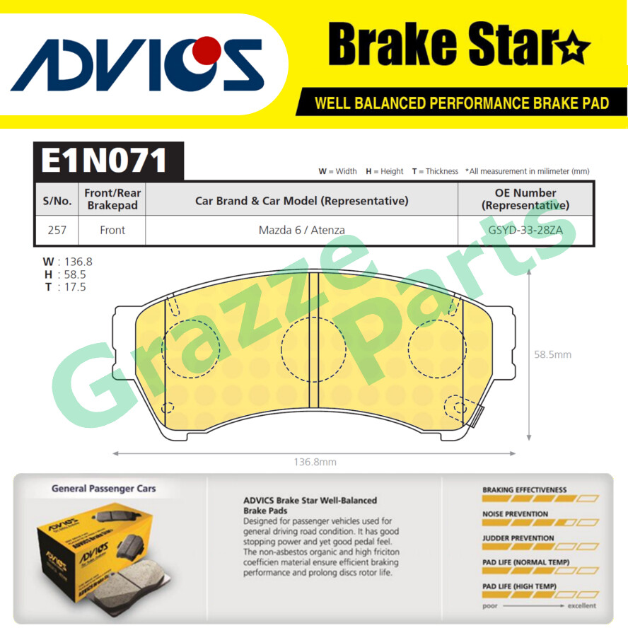 Advics Aisin Brake Star Disc Brake Pad Front E1N071TE for Mazda 6 2008 - 2013