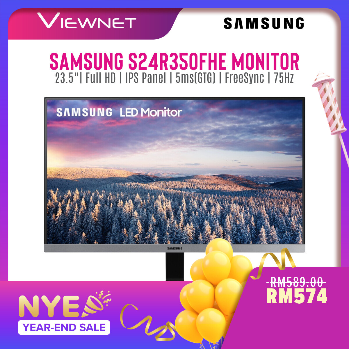 Samsung SR35 Series Flat 24" Monitor (LS24R350FZEXXM )(IPS, FHD, 5ms(GTG), FreeSync, Vesa, 75Hz)