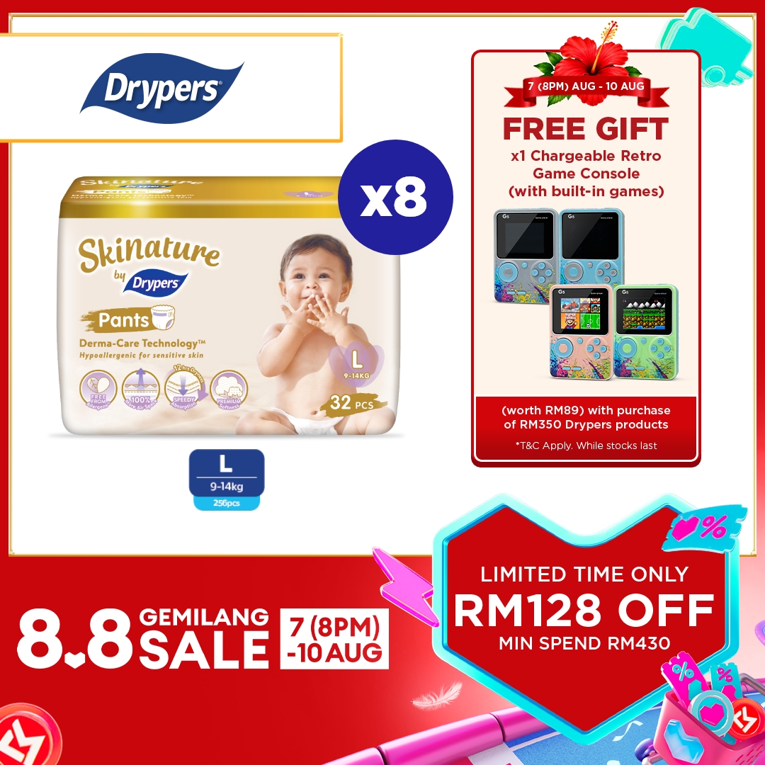Skinature Pants by Drypers Baby Pants Diapers M38/ L32/ XL26/ XXL22 (8 Packs) - Super Soft & Allergen-free