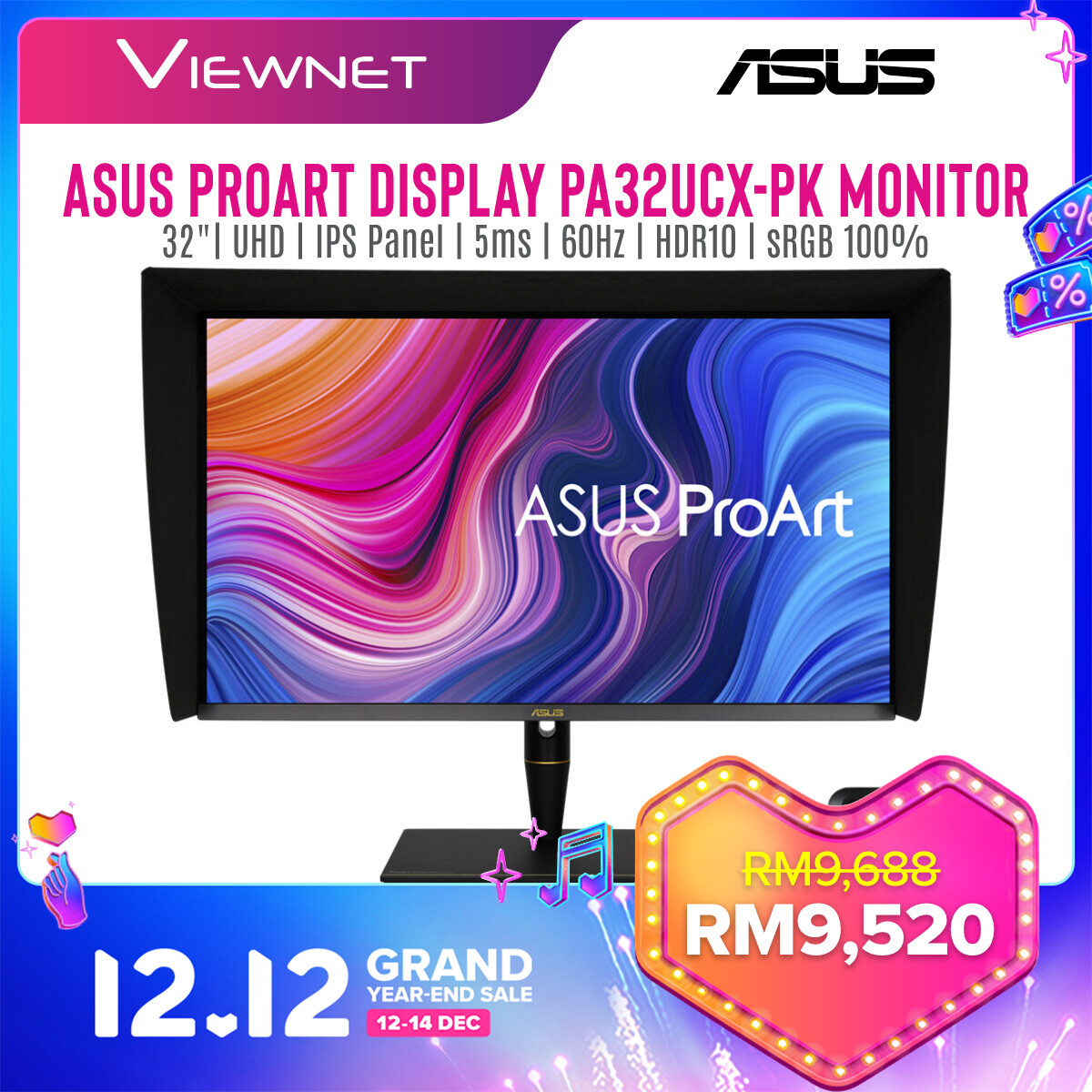 Asus ProArt Display PA32UCX-PK 4K HDR IPS Mini LED Professional Monitor - 32â€, 1200 nits, Off-Axis Contrast Optimization, 10 bit, Dolby Vision, HLG, 1152 zones, ΔE < 1, 99% DCI-P3, 99.5% Adobe RGB, 100% sRGB/Rec. 709 , Hardware Calibration, Thunderbolt Asus ProArt Display PA32UCX-PK 4K HDR IPS Mini LED Professional Monitor - 32â€, 1200 nits, Off-Axis Contrast Optimization, 10 bit, Dolby Vision, HLG, 1152 zones, ΔE < 1, 99% DCI-P3, 99.5% Adobe RGB, 100% sRGB/Rec. 709 , Hardware Calibration, Thunderbolt