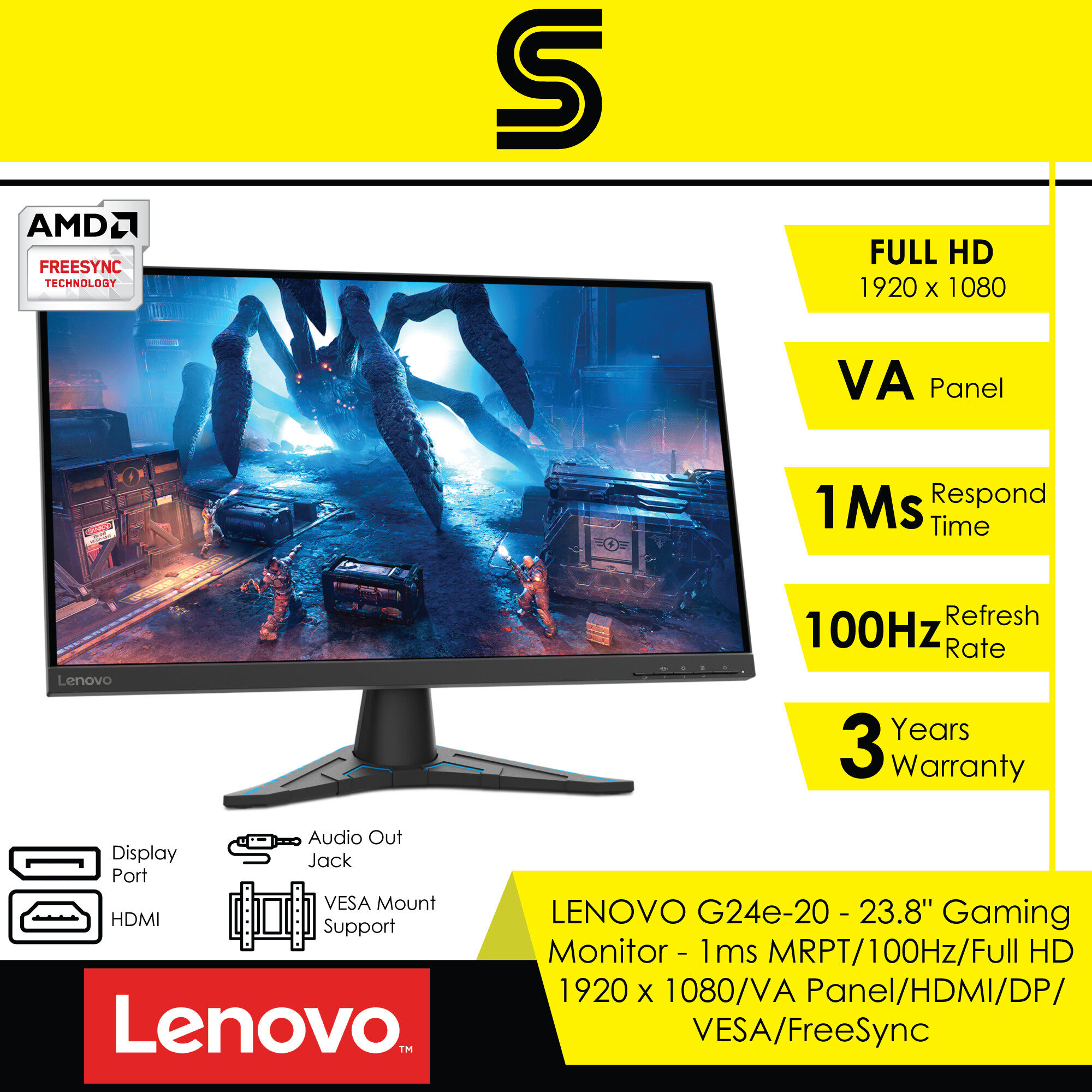 Lenovo Gaming G24e-20 Monitor 23.8”/1ms MRPT/100Hz/FHD/VA Panel/HDMI/DP/VESA