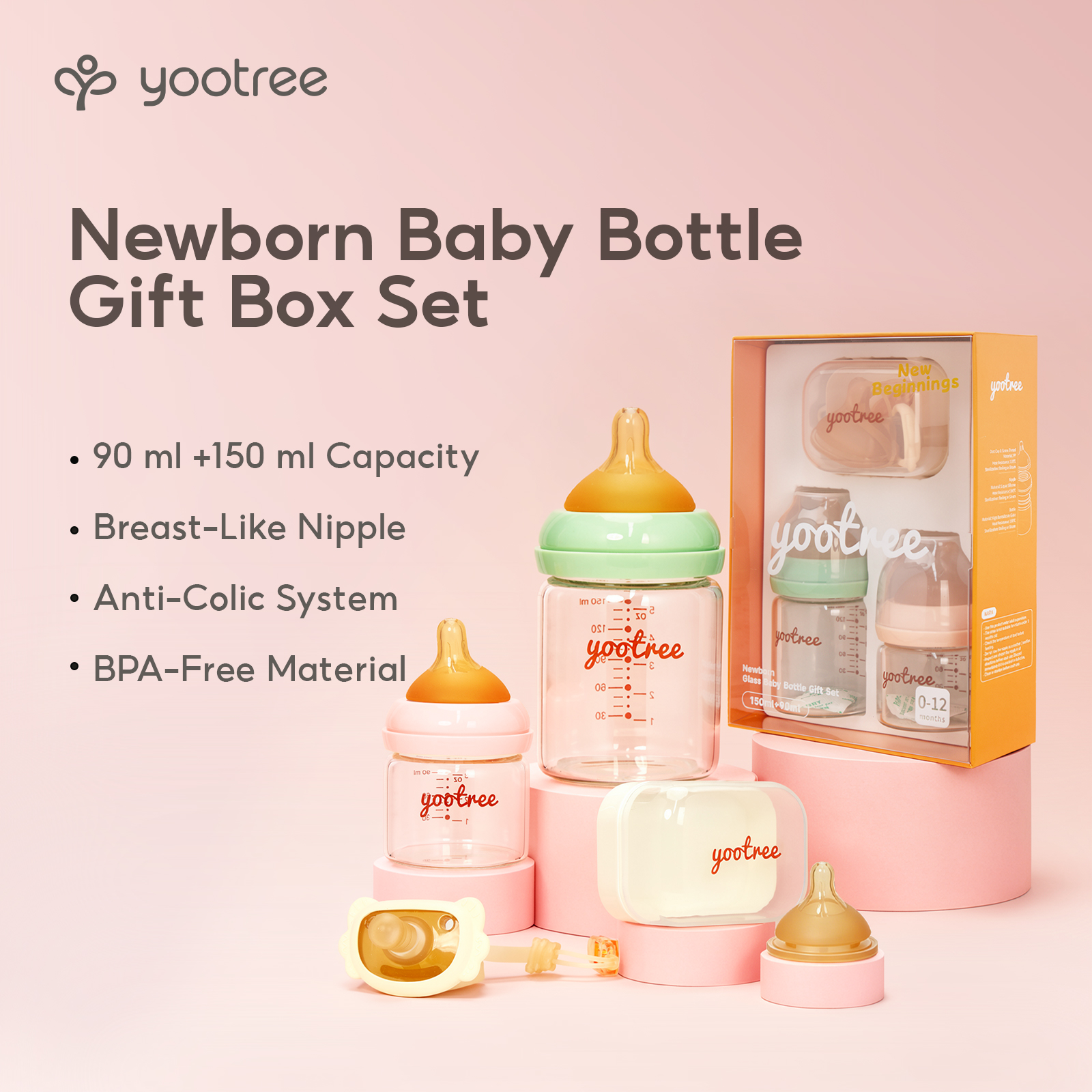 yootree Glass Newborn Baby Bottle Set Anti Colic Natural Breast Mimic Wide Neck Feeding Bottle Pacifier Kit For Newborn Infant