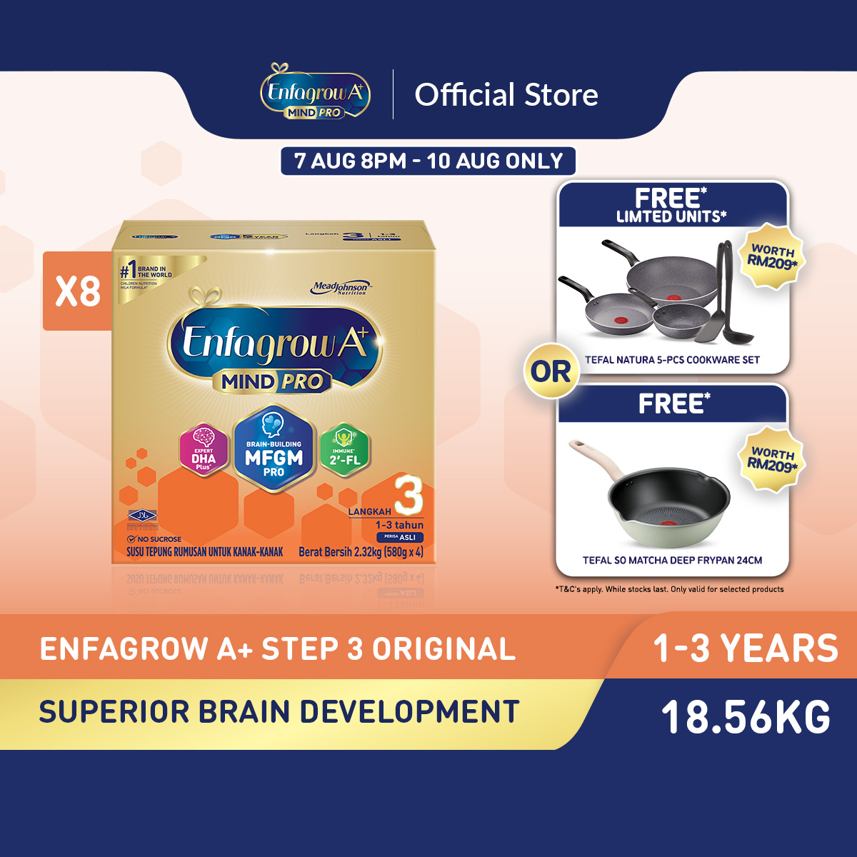 [Bundle of 8] Enfagrow A+ Step 3 (1Y+) Original Milk Formula Powder (2.32kg x 8)