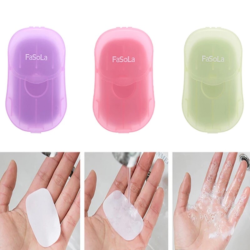 50pcs du lịch xách tay giấy Xà phòng rửa tay mini dùng một lần thơm Slice Sheets bọt xà phòng trường hợp giấy