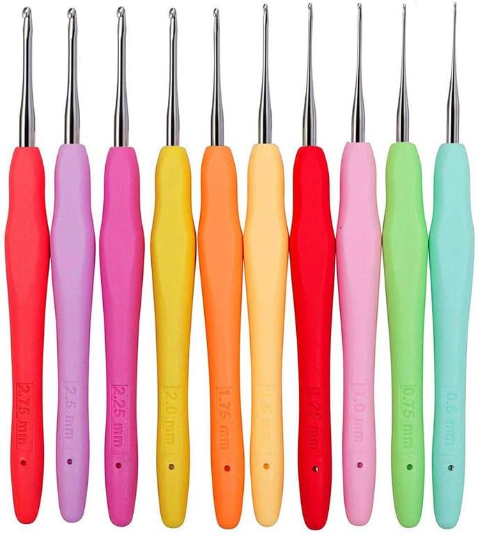 10pcs 0.5mm-2.75mm Small Lace Crochet Hooks Set Knitting NeedlesTPR Soft Rubber HandleErgonomic Grip Tools for Handcraft