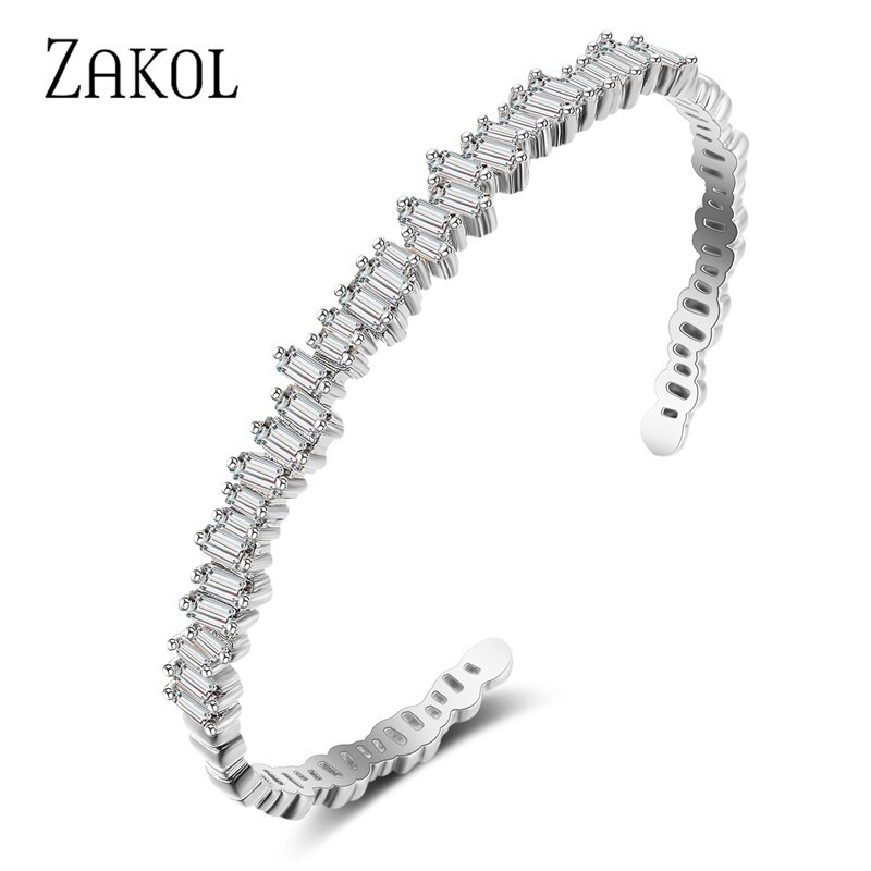 《Jump》ZAKOL Fashion T Cubic Zirconia Cuff Bangles for Women Trendy Baguette Men Open Bracelet Bangle Geometry Girl Party Jewelry
