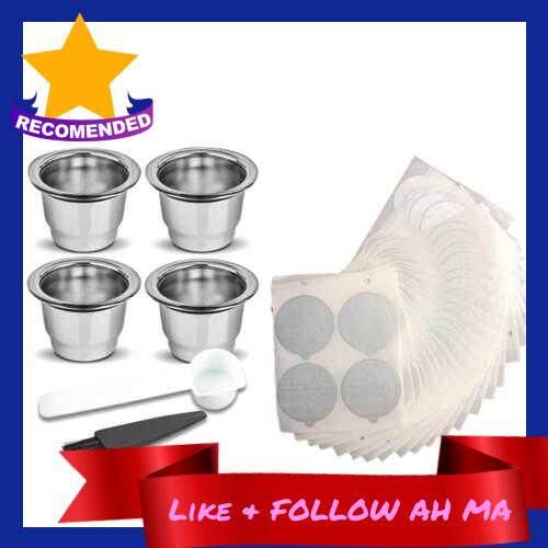 Best Selling Stainless Steel Fillable Coffee Capsules Set Reusable Coffee Capsule Cup Filter Kit with 100pcs Self Adhesive Aluminum Foil Sticker Compatible with Nespresso U CitiZ Pixie Le Cube Maestria Lattissima Inissia Concept Essenza Coffee Machine (2