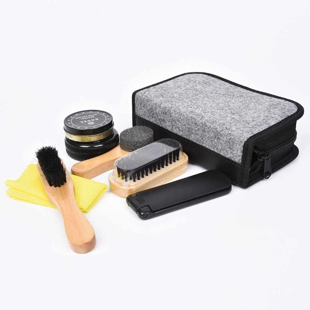 8-In-1 Kit Shoe Care Set Portable Shoe Polish Wooden Handle Brush Spong Brush Buffing Cloth Home Travel Set (Grey)