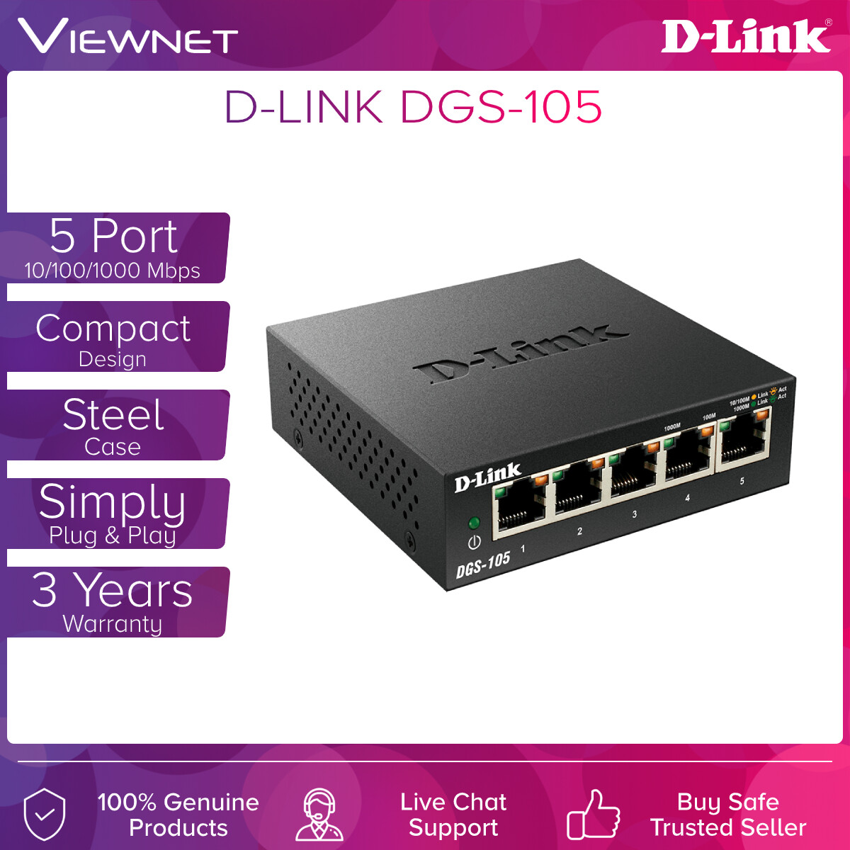 D-Link GGB 5-Port Switch (DGS-105) *METAL*