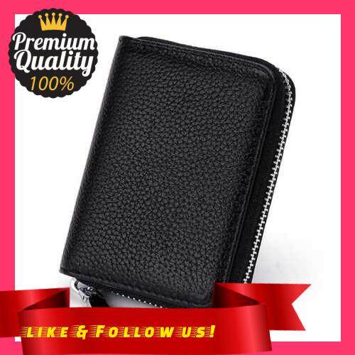 People\'s Choice Unisex Card Holder PU Leather Solid Color Zipper Wallet Card Clamp Large Capacity Short Purse (Black)