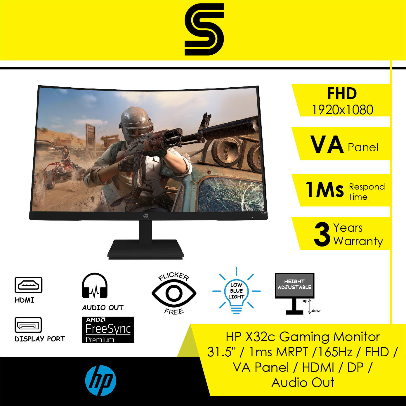 HP X32c Gaming Monitor - 31.5" / 1ms MRPT /165Hz / FHD / VA Panel / HDMI / DP / Audio Out / High Adjustable / Flicker Free / Low Blue Light / AMD Free-Sync Premium/