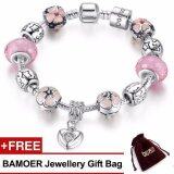 BAMOER 925S Silver Charm Bracelet with Heart Pendant & Cherry Blossom Charm Pink Murano Glass Beads for Her Gift PA1459