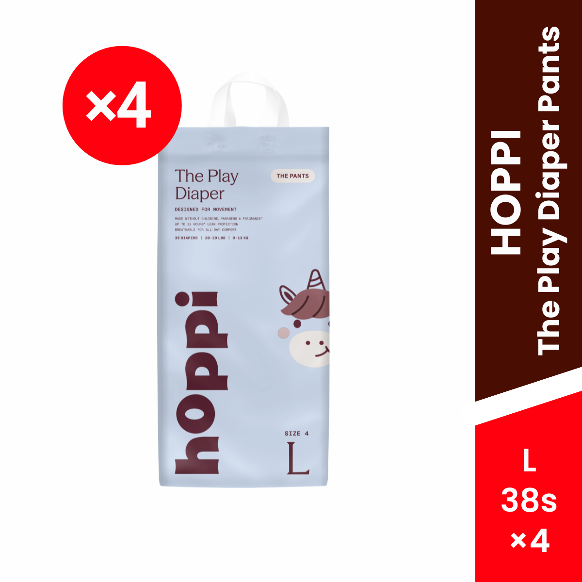HOPPI The Play Diaper Pants Carton (× 4 packs) (M 42s / L 38s / XL 32s / XXL 32s)