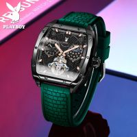 PLAYBOY Original Branded Mechanical Automatic Watch for Men Waterproof New Tonneau Luminous Watches Silicon Strap