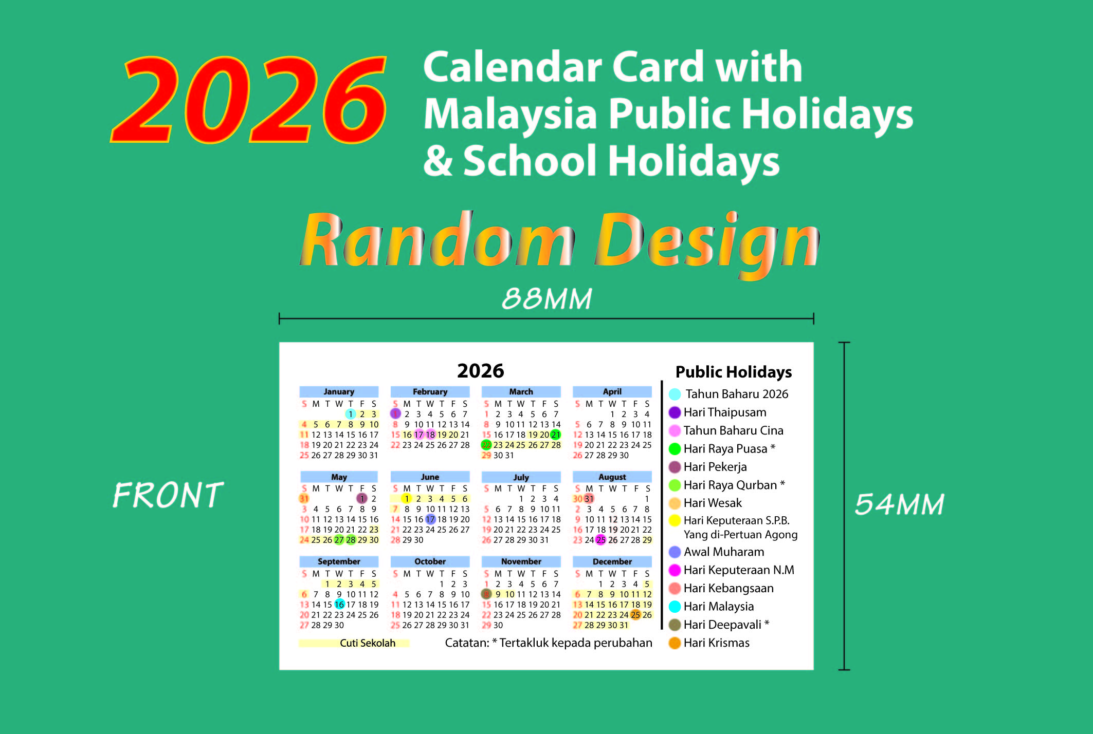 2026 Calendar Card with School Holidays & Malaysia Public Holidays