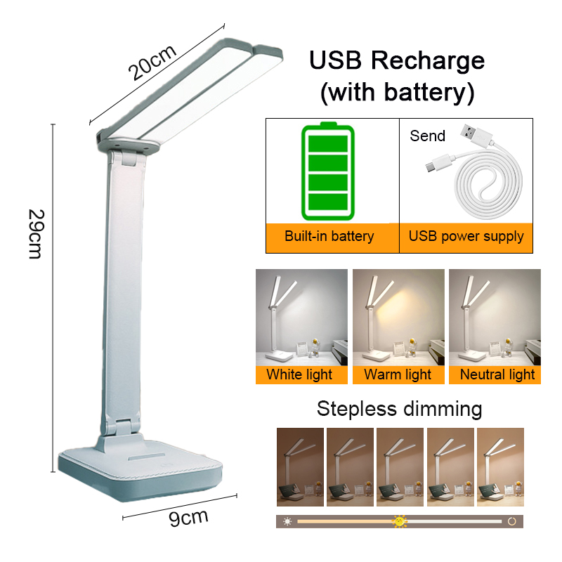 LED table lamp for study Stepless dimming desk lamp 3 light colors in 1 rechargeable reading light protect eye Led light for study and working