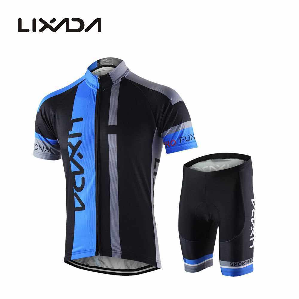 Men Breathable Quick Dry Comfortable Short Sleeve Jersey + Padded Shorts Cycling Clothing Set Riding Sportswear (blue)