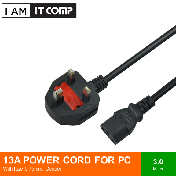 FOR PC 13A 3 Pin UK POWER CORD WITH FUSE 0.75MM COPPER 3.0M - 1 YEAR WARRANTY