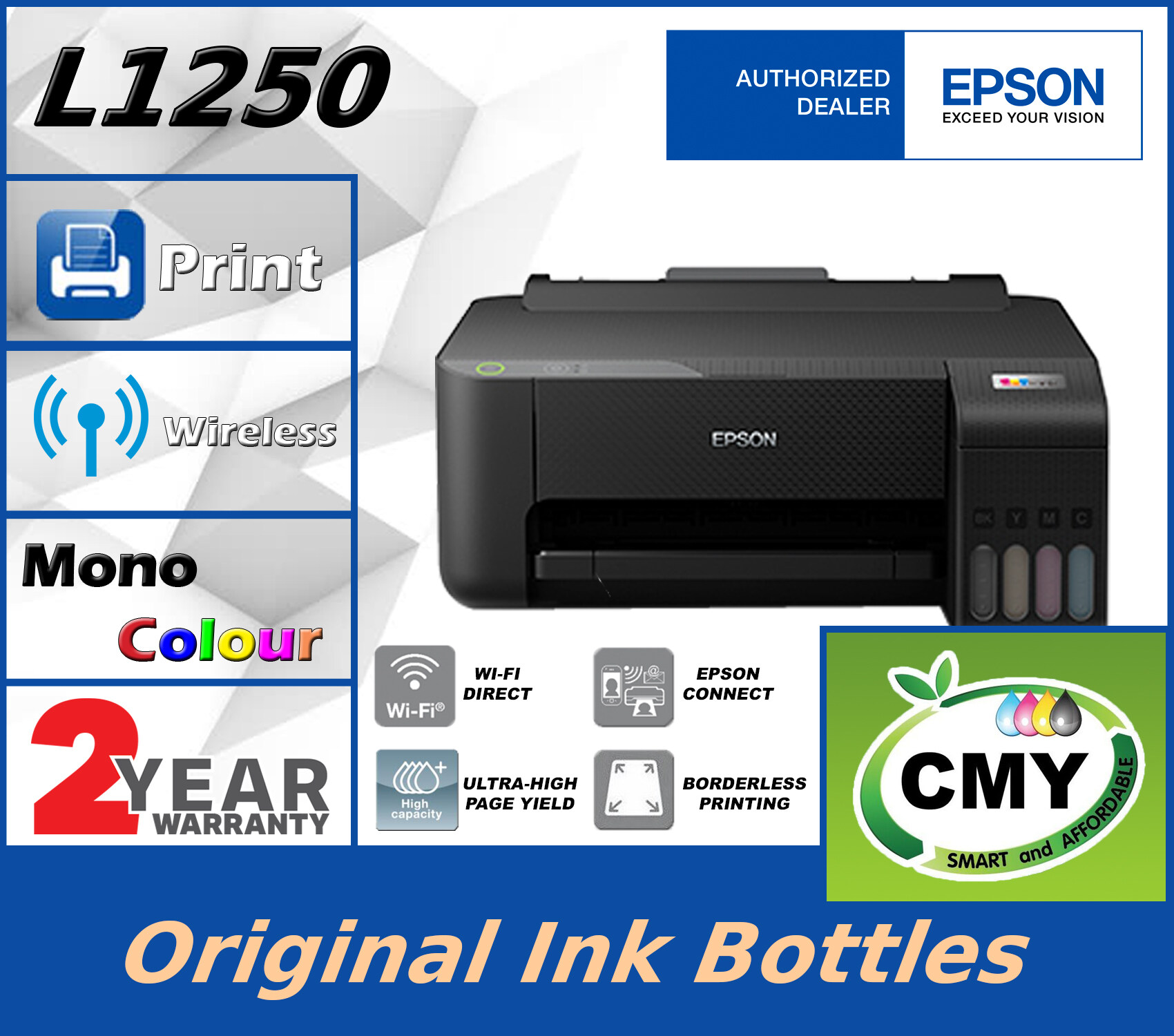 Epson Ecotank L1250 A4 Wi Fi And Wi Fi Direct Ink Tank Printer With 1 Set Original Ink Bottles