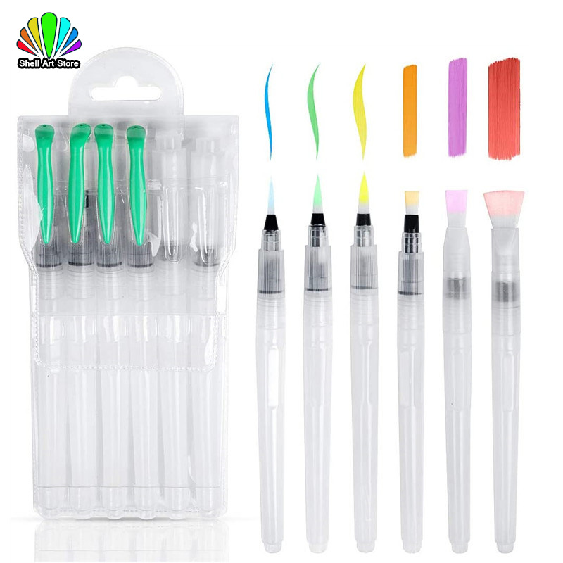 Water Brush Pen Set 6Pcs Water pen Portable Watercolor Paint Brush Flat/Fine Point Art Waterbrush 自来水笔