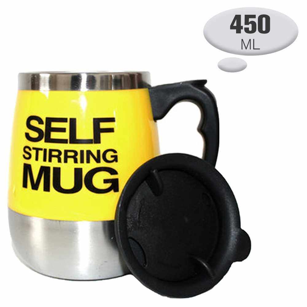 Self Stirring Mug 450ml Coffee Cup Stainless Steel Inner Automatic Mixing Coffee Tea Hot Chocolate Milk Protein Shake for Home Office Travel (Yellow)