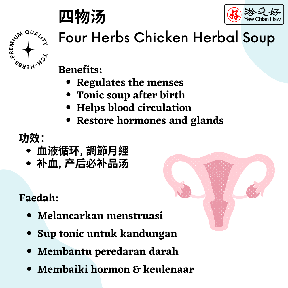 [YCH 游建好 Herbs] 四物汤 (片裝) Four Herbs Chicken Herbal Soup (Slice) 血液循环 調節月經 补血 产后必补 50g (2 years shelf life) herbs pack