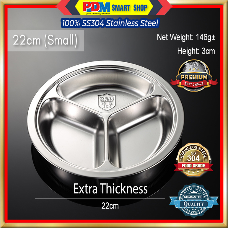 PDM 304 Stainless Steel 3 Compartment Round Plate 3 Sections Round Dinner Plate