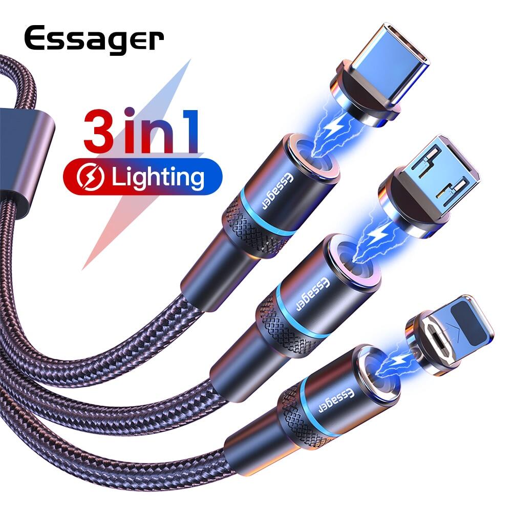 Essager 12 mét 3 trong 1 Cáp USB từ tính Micro USB + Type-C + Lightning cho iPhone Điện thoại di động Samsung Sạc nhanh Cáp sạc nam châm