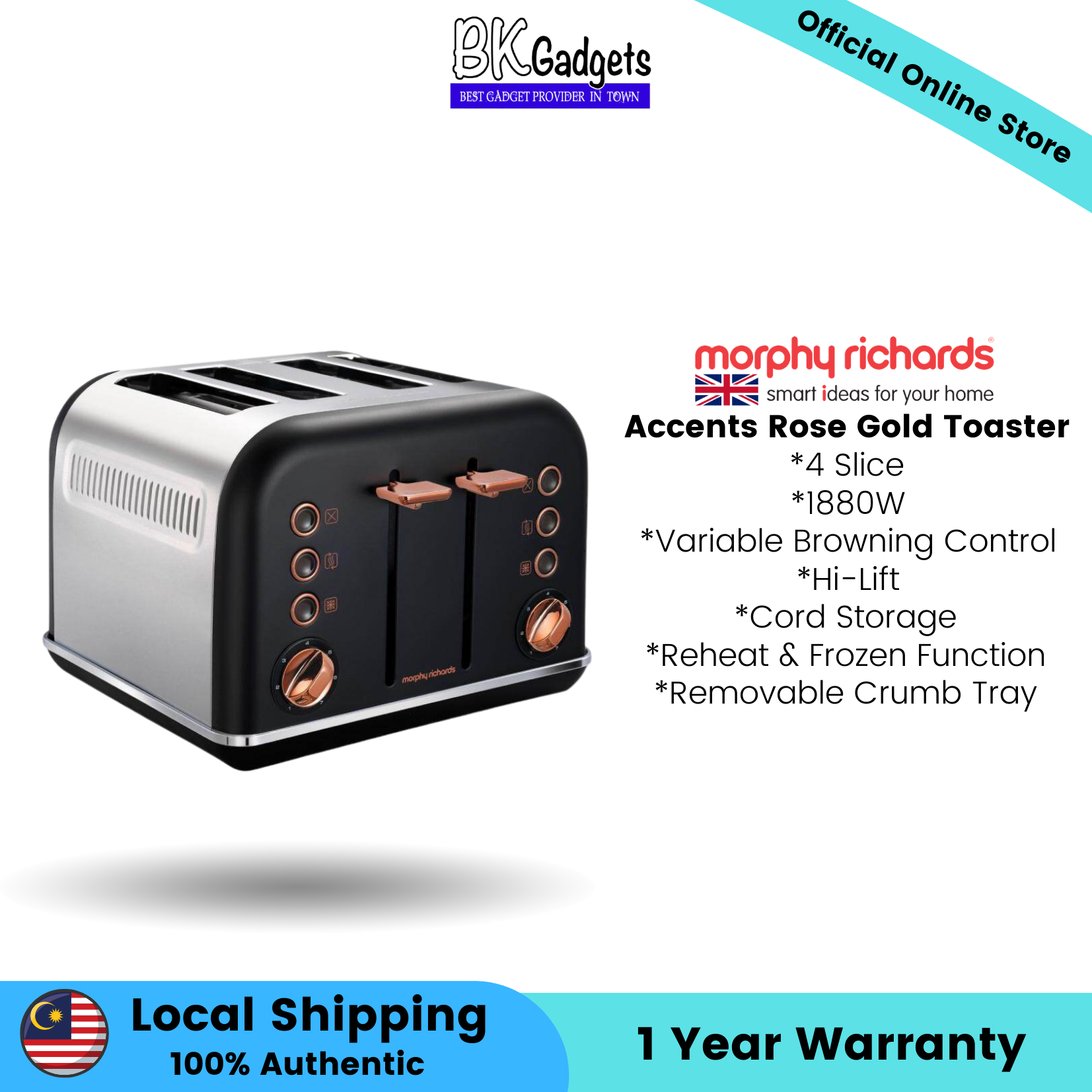 Morphy Richards Accents Rose Gold Toaster Black - 4 Slice | Cord Storage | Removable Crumb Tray