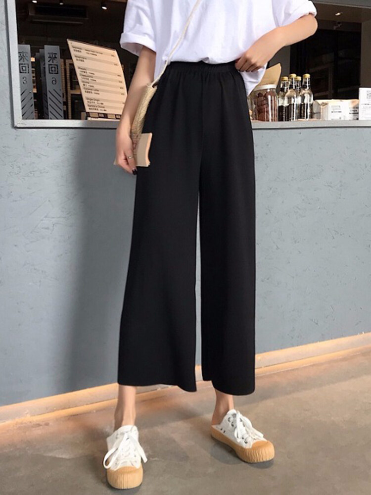 Summer Korean Style Solid Color Elegant Fashion Wide Leg Pants Women High  Waist Casual Loose All Match Oversize Trousers Female  Pants  Capris   AliExpress