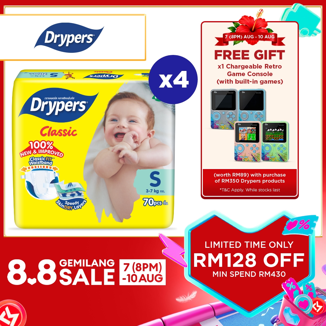 Drypers Classic Baby Tape Diapers NB78/ S70/ M54/ L50/ XL44/ XXL40 (4 Packs) - Speedy SkinDry Layers