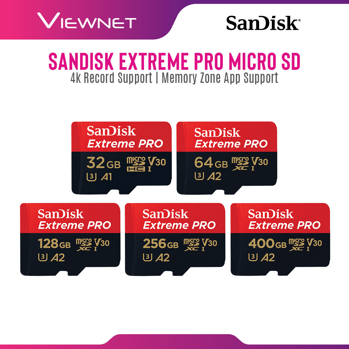 Sandisk Extreme Pro Micro SD UHS-I 32GB/64GB/128GB/256GB/400GB Class 10 for Full HD video U3 4K microSDXC/microSDHC Memory Card With Adapter (R:Up to 160MB/s;W: Up to 90MB/s)