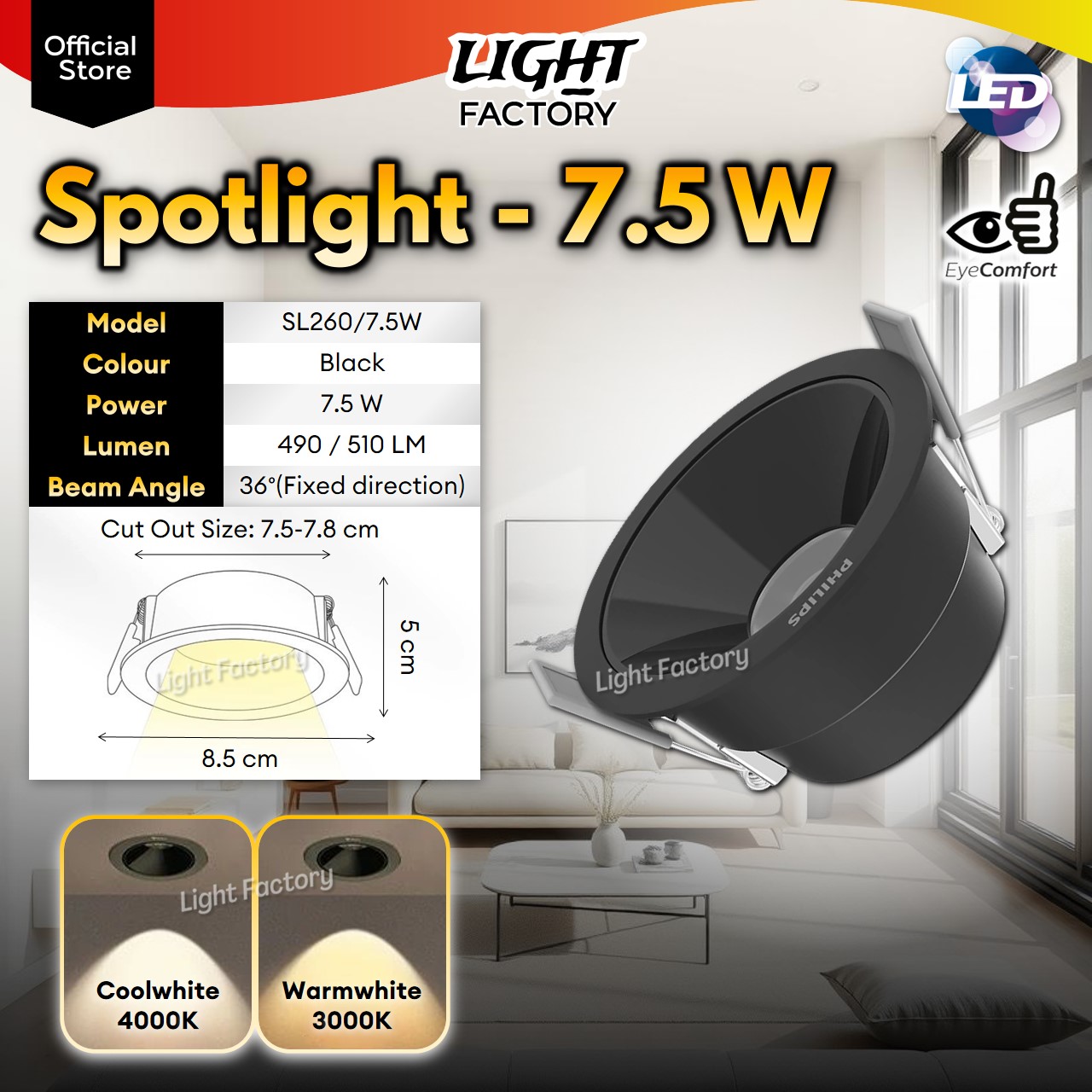 Philips LED Recessed Spotlight Downlight 7W/7.5W /11W DL260 SL260 Eye Comfort Recess Eyeball Philips Becken Lampu Siling