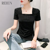 REHIN Square Neck Ruched Mesh Short-Sleeve T-Shirt with Rhinestone Detailing - Fashionable Short Sleeve Base Shirt for Summer Womens top