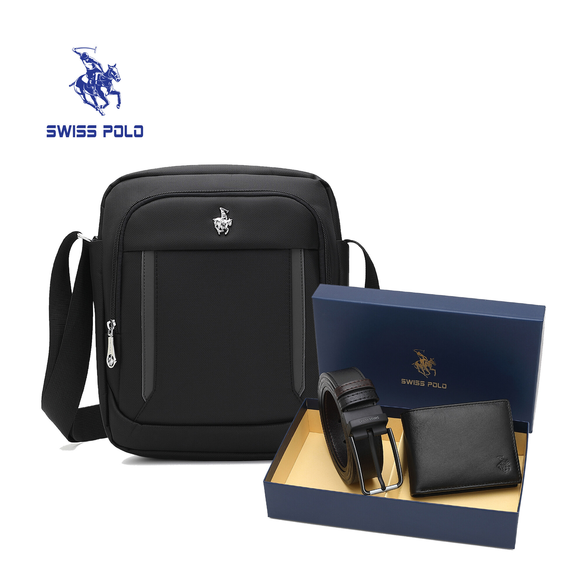 SWISS POLO Gift Set/ Box Chestbag And Genuine Leather Bifold Wallet With Belt SGS 563-3 BLUE/GREY