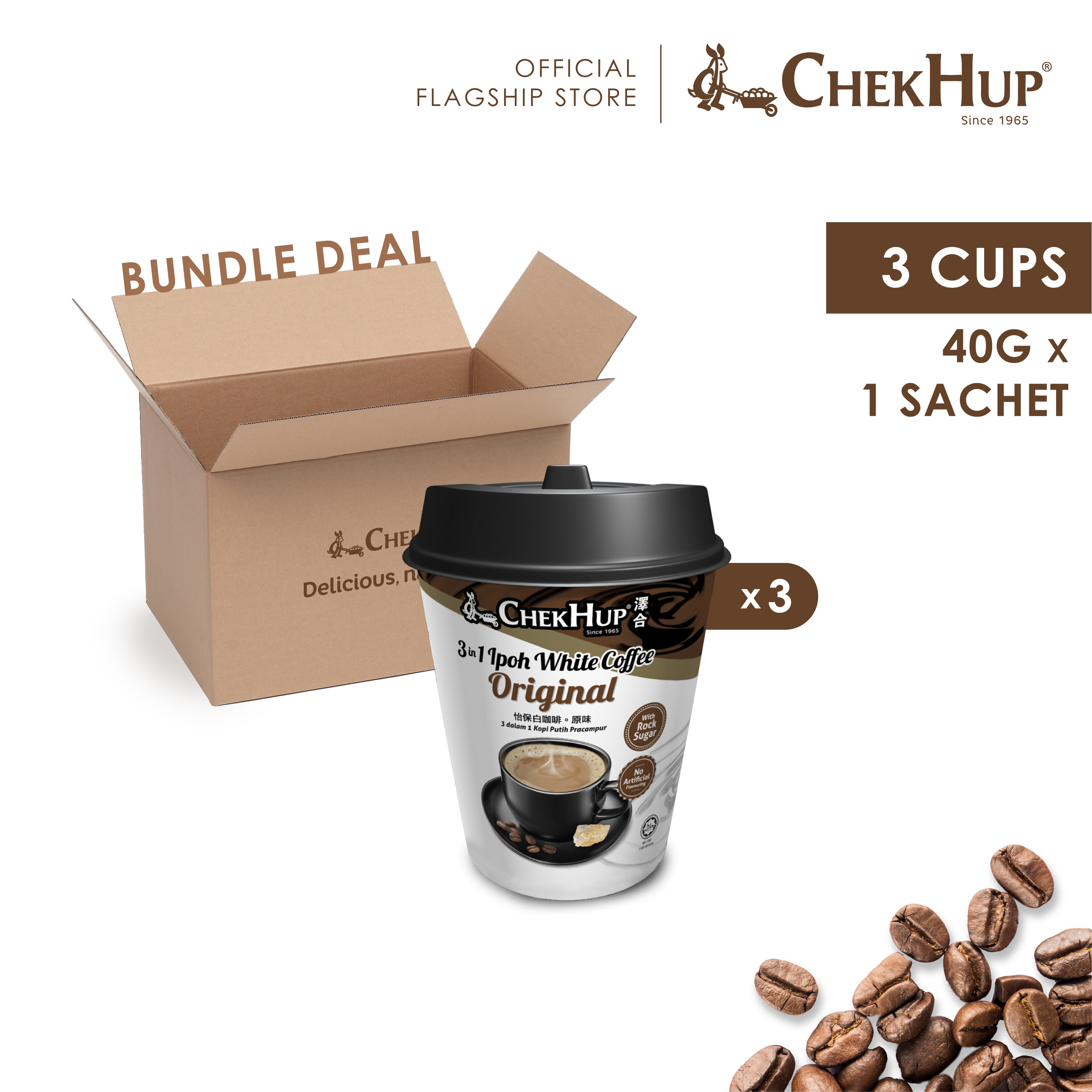 Chek Hup 3 in 1 Ipoh White Coffee Original (40g x 3 Cups)  [Bundle of 3]