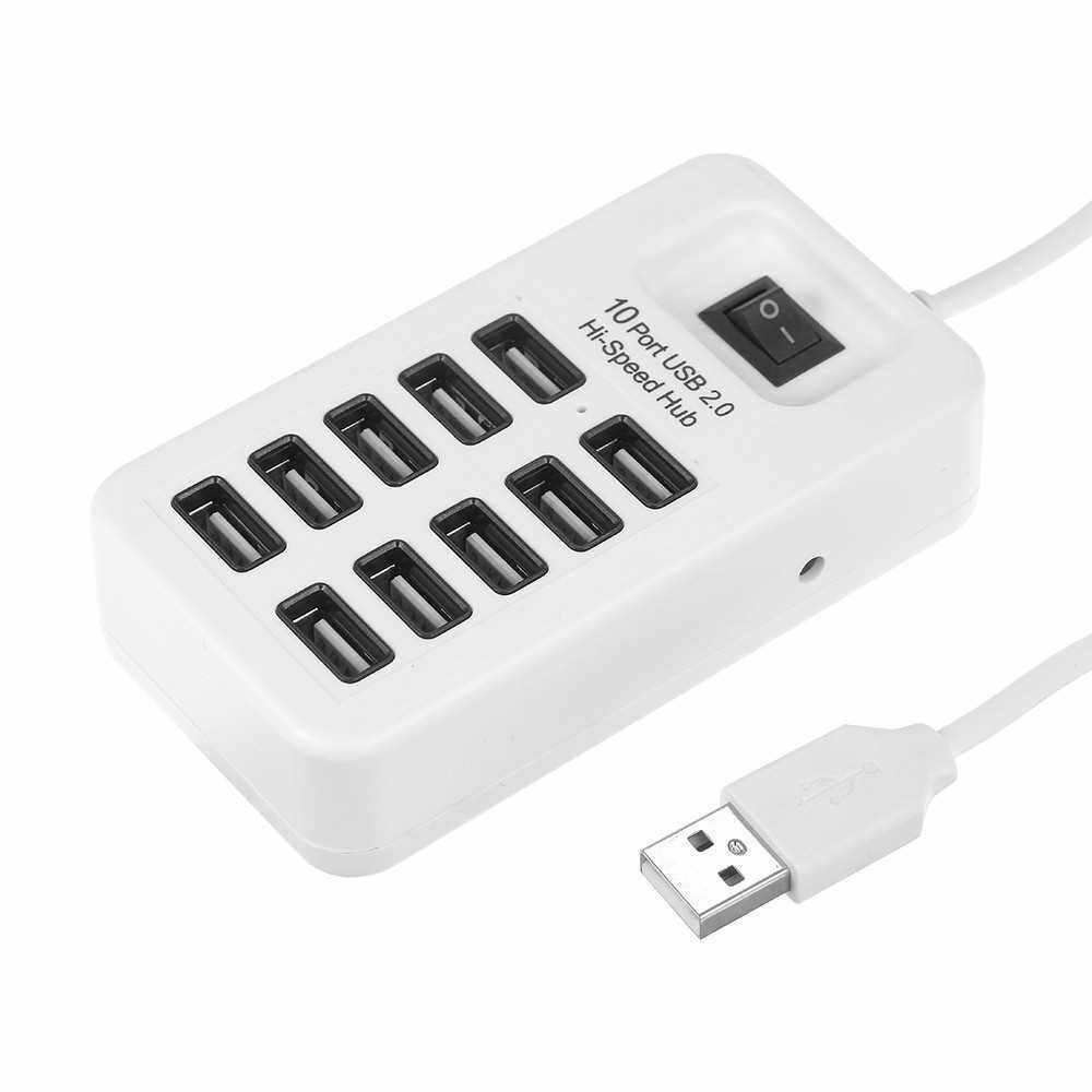 10 Port USB 2.0 Hi-speed Hub Simultaneous Use Fast Transfer of Large Files 480Mbps Transmission Speed One-key Control White (White)