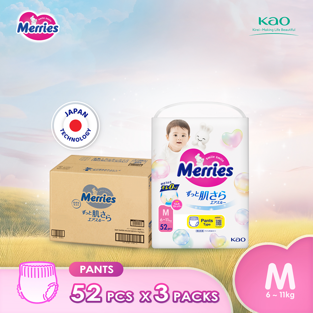 Merries Super Premium Pants Baby Diapers M52 (3 Packs) (6 – 11kg) – Soft breathable and absorbent diapers for baby
