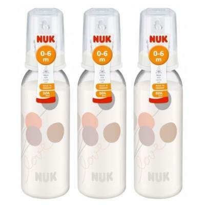 Nuk: Classic: PP Standard Neck Feeding Bottle With Silicone Teat 240ml/8oz - 3pcs - White Balloons