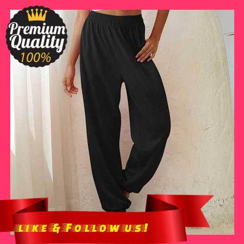 People's Choice Fashion Women Solid Color Pants Elastic Waist Pocket Loose Thin Casual Sports Sweatpants Trousers (Black)