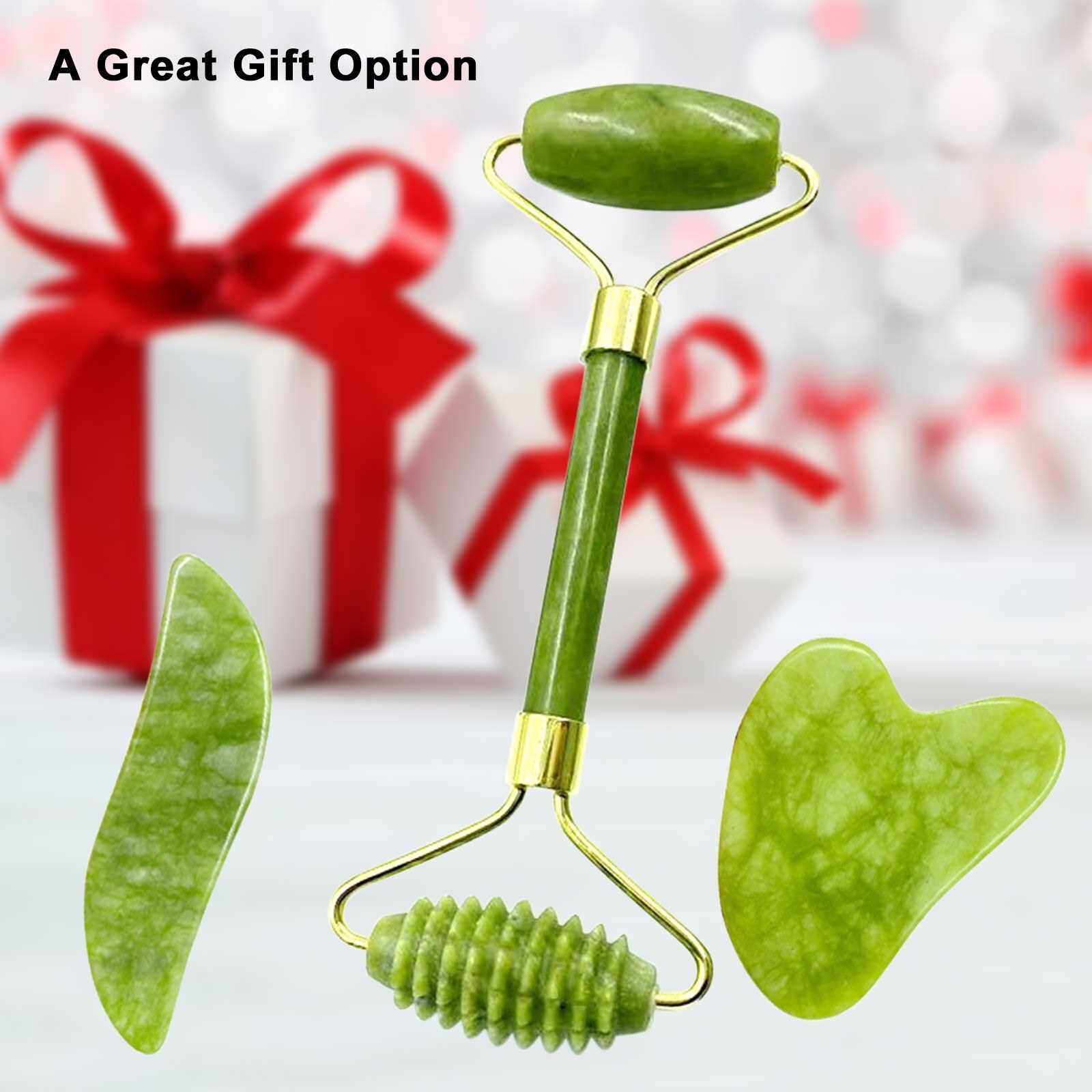 BEST SELLER Jade Stone Set Jade Roller & 2 Gua Sha Scrapers in Different Shapes Massage Tools for Facial Skin Care Anti-aging Face Eye Neck Beauty Roller Facial Massager (Standard)