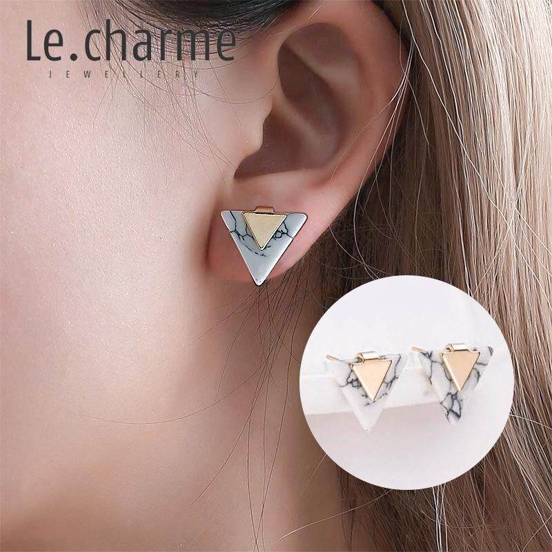 Le.Charme Triangle Marble Stud Earrings For Women Fashion Geometric Korean Earring 2019 New