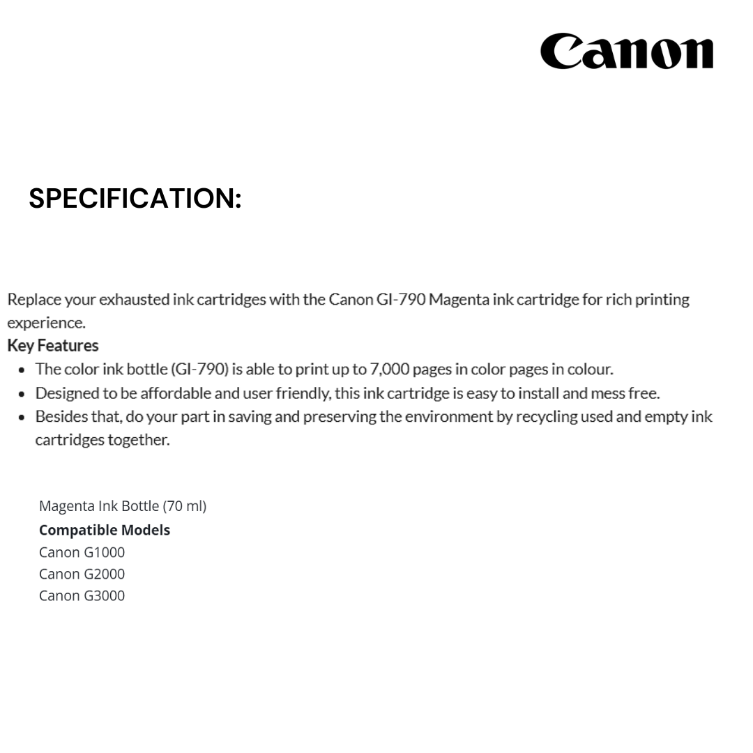 CANON INK GI-790 MAGENTA (G1000/G2000/G3000)